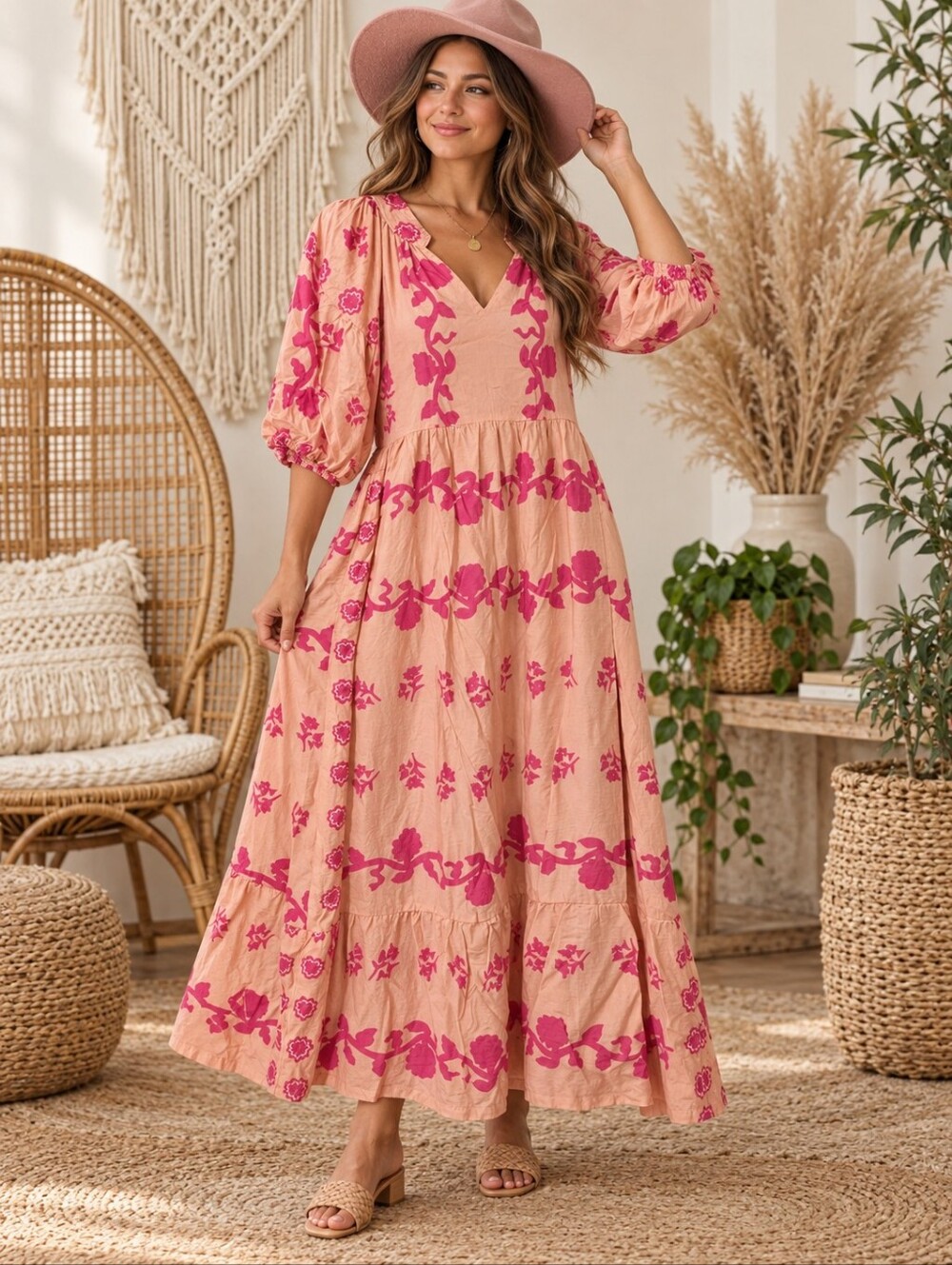 Umgee Peach Maxi Dress with Hot Pink Floral Print